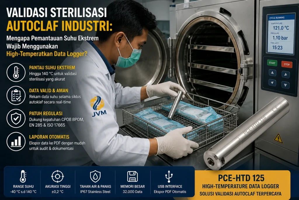 Teknisi Indonesia menggunakan high-temperature data logger pada proses validasi sterilisasi autoklaf industri untuk memantau suhu ekstrem.