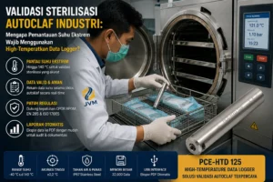 Teknisi Indonesia menggunakan high-temperature data logger pada proses validasi sterilisasi autoklaf industri untuk memantau suhu ekstrem.