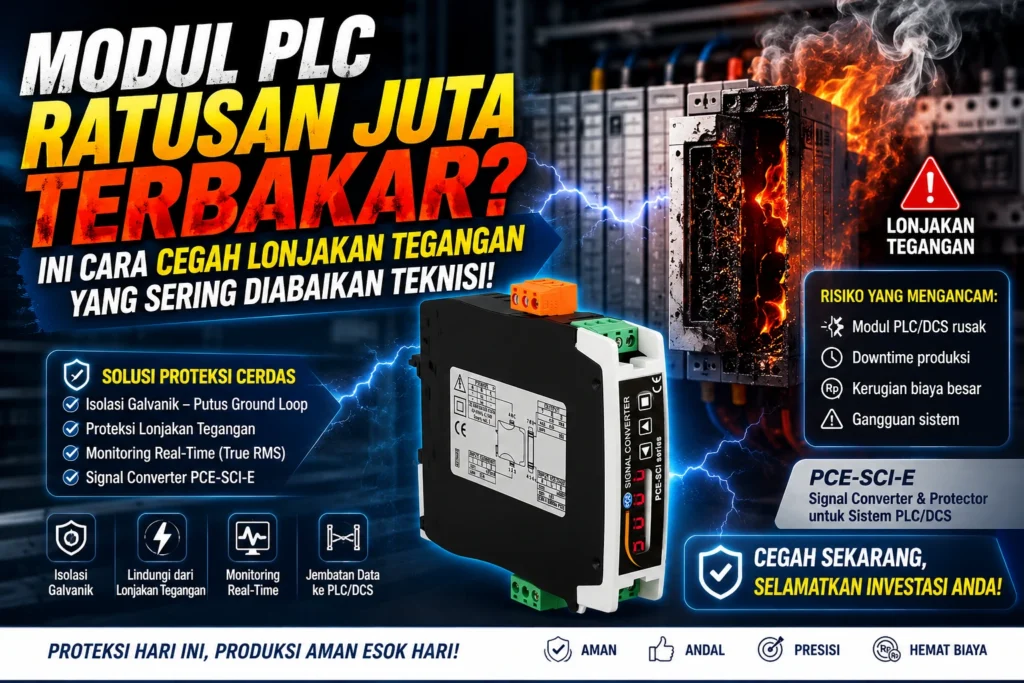 Feature image yang menampilkan modul PLC industri terbakar akibat lonjakan tegangan di dalam panel kontrol, dengan Signal Converter PCE-SCI-E di bagian depan sebagai solusi proteksi terhadap surge, ground loop, dan gangguan listrik pada sistem otomasi industri.