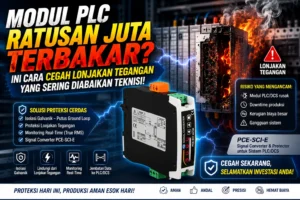 Feature image yang menampilkan modul PLC industri terbakar akibat lonjakan tegangan di dalam panel kontrol, dengan Signal Converter PCE-SCI-E di bagian depan sebagai solusi proteksi terhadap surge, ground loop, dan gangguan listrik pada sistem otomasi industri.