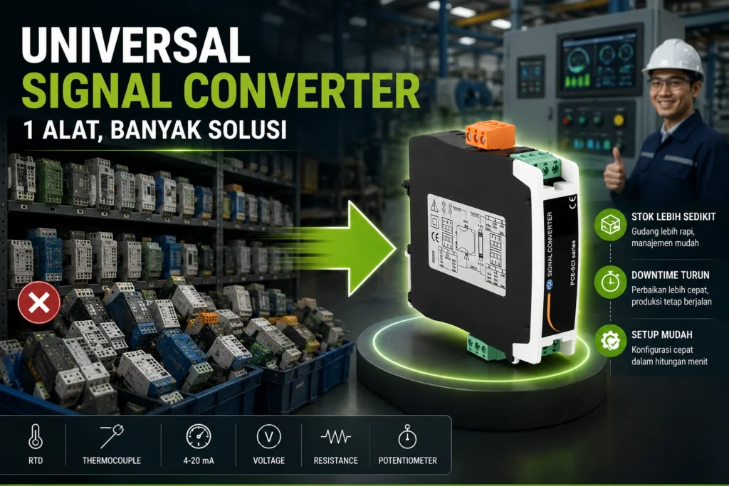 Universal Signal Converter PCE-SCI-U ditampilkan di lingkungan industri modern sebagai solusi untuk menyederhanakan pengelolaan spare part dan mengintegrasikan berbagai jenis sensor dalam satu perangkat.