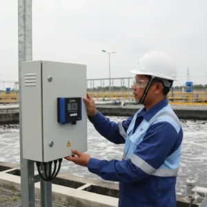 Foto menampilkan teknisi Indonesia di area instalasi pengolahan air sedang memantau unit PCE-WSAC 50+ 24 pada panel tahan cuaca; layar LCD menampilkan kecepatan angin dan indikator alarm, dengan kabel menuju sensor angin pada tiang di latar belakang.