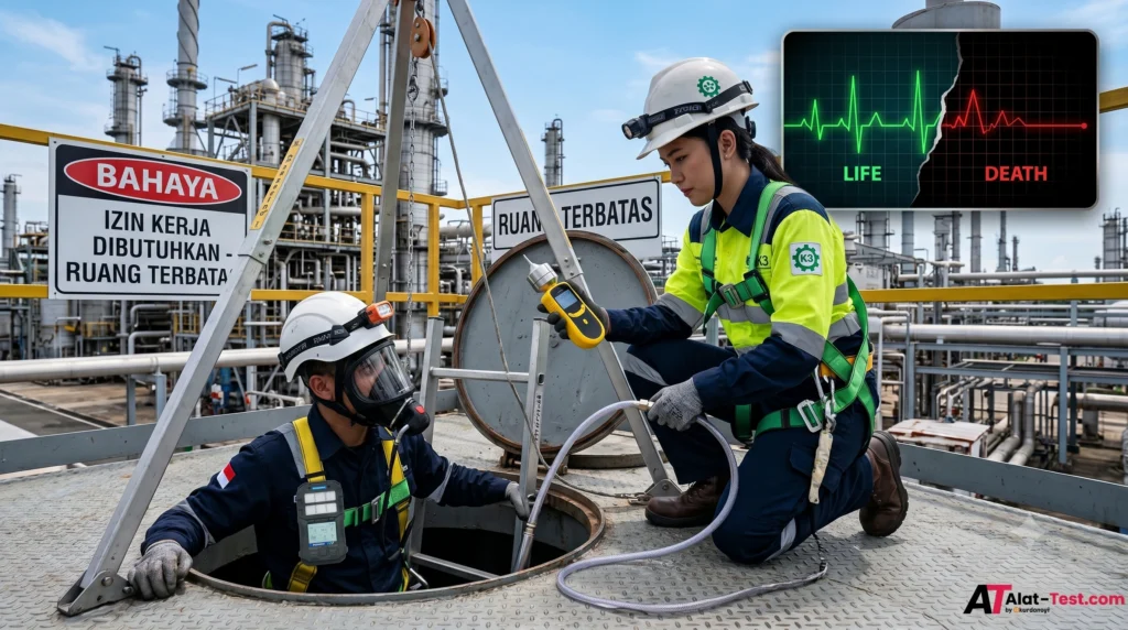 Petugas K3 menggunakan portable gas detector saat pekerja memasuki manhole ruang terbatas di area industri, dengan tripod rescue system, APD lengkap, dan tanda peringatan bahaya confined space.
