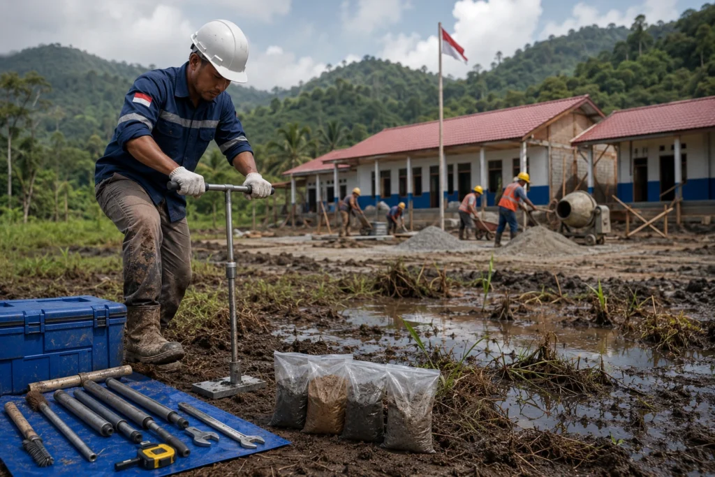 Petugas lapangan melakukan pengambilan sampel tanah menggunakan soil auger di area konstruksi sekolah wilayah 3T dengan kondisi tanah rawa berlumpur untuk investigasi fondasi bangunan.