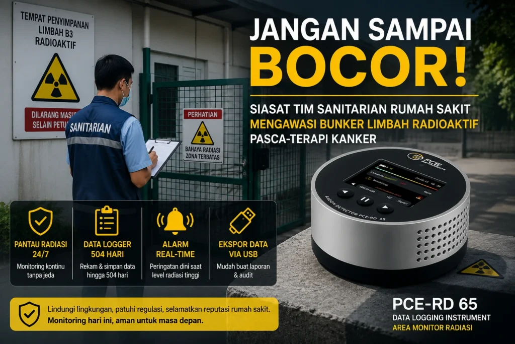 menampilkan seorang petugas sanitarian rumah sakit sedang melakukan inspeksi di depan area penyimpanan limbah B3 radioaktif dengan rambu bahaya radiasi. Di sisi kanan terlihat Data Logging Instrument PCE-RD 65 sebagai alat pemantau radiasi untuk membantu pengawasan bunker limbah radioaktif secara berkelanjutan.