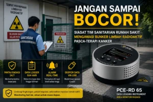 menampilkan seorang petugas sanitarian rumah sakit sedang melakukan inspeksi di depan area penyimpanan limbah B3 radioaktif dengan rambu bahaya radiasi. Di sisi kanan terlihat Data Logging Instrument PCE-RD 65 sebagai alat pemantau radiasi untuk membantu pengawasan bunker limbah radioaktif secara berkelanjutan.