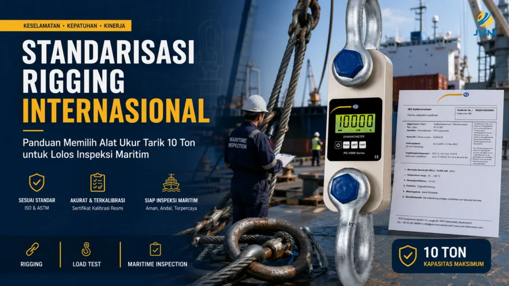 Alat ukur tarik 10 ton untuk standarisasi rigging internasional dan inspeksi maritim dengan sertifikat kalibrasi.