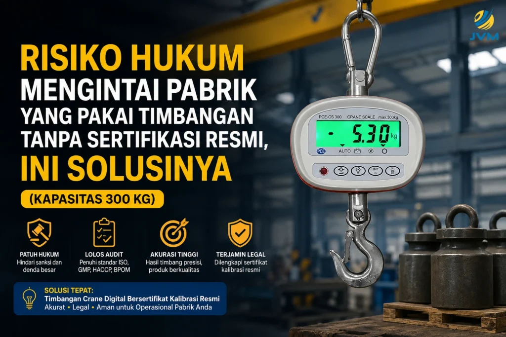 Crane scale digital 300 kg bersertifikat kalibrasi resmi untuk membantu pabrik menghindari risiko hukum, gagal audit, dan masalah akurasi penimbangan.