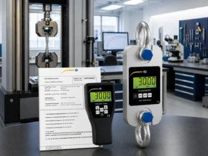 Timbangan crane PCE-DDM 3-ICA dengan remote display dan sertifikat kalibrasi ISO di laboratorium uji tarik material baja.