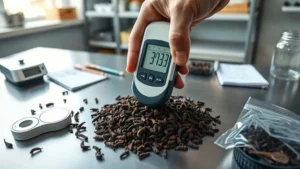 Tangan memegang moisture meter digital pada tumpukan cengkeh kering di meja laboratorium stainless steel, dengan tampilan layar menunjukkan kadar air dan perlengkapan kalibrasi di sekitarnya.