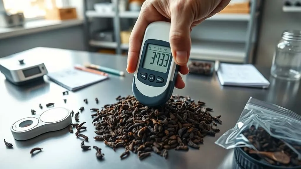 Tangan memegang moisture meter digital pada tumpukan cengkeh kering di meja laboratorium stainless steel, dengan tampilan layar menunjukkan kadar air dan perlengkapan kalibrasi di sekitarnya.