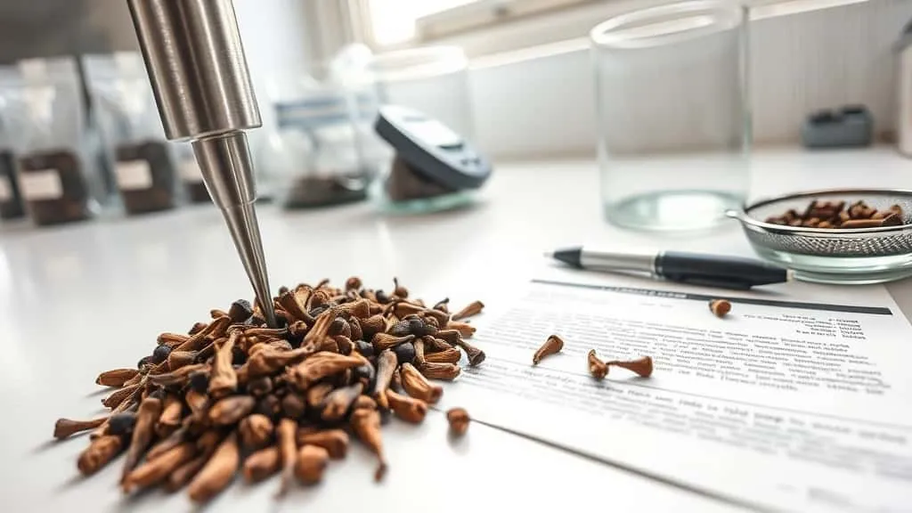 Stainless steel water activity meter probe inserted into dried whole clove buds on a laboratory workbench, with sample bags and beaker nearby.