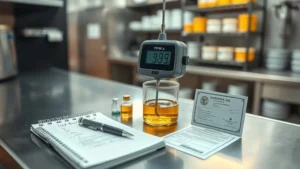 Alat uji minyak goreng digital TPM meter menampilkan hasil pengukuran pada minyak jelantah di laboratorium dapur komersial untuk standar CPPOB restoran dan katering.