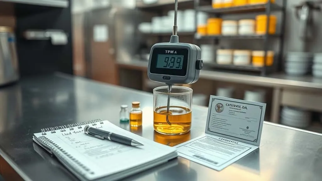 Alat uji minyak goreng digital TPM meter menampilkan hasil pengukuran pada minyak jelantah di laboratorium dapur komersial untuk standar CPPOB restoran dan katering.