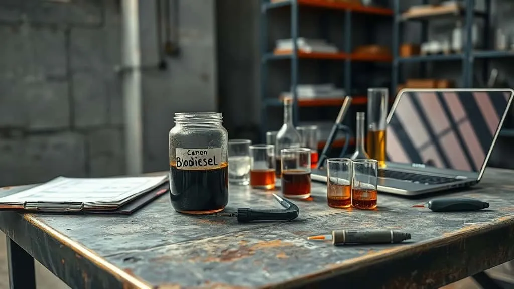 Technical equipment and sample jar of dark biodiesel fuel on a worktable with test result notes, laboratory glassware, and industrial shelf background, documentary lighting for B50 biodiesel quality parameters.