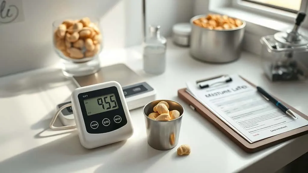 Alat pengukur kelembaban digital menguji sampel mete putih di laboratorium, mendukung proses cek kelembaban kacang mete ekspor.