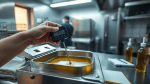 Tim dapur ukur suhu minyak goreng dengan termometer digital untuk cegah minyak cepat gelap dan bau.