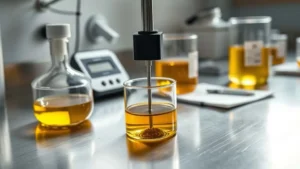 Laboratory oil stability tester immersed in murky cooking oil sample, contrasting with fresh golden oil, representing minyak goreng rusak quality check for abon manufacturing.