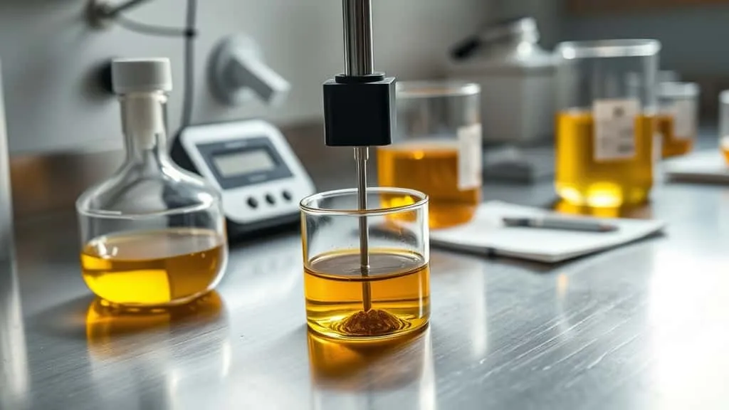Laboratory oil stability tester immersed in murky cooking oil sample, contrasting with fresh golden oil, representing minyak goreng rusak quality check for abon manufacturing.