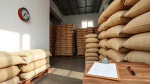 Neatly stacked jute bags of export cashew nuts on wooden pallets in a ventilated warehouse with digital hygrometer and clipboard monitoring temperature and humidity for critical storage factors.