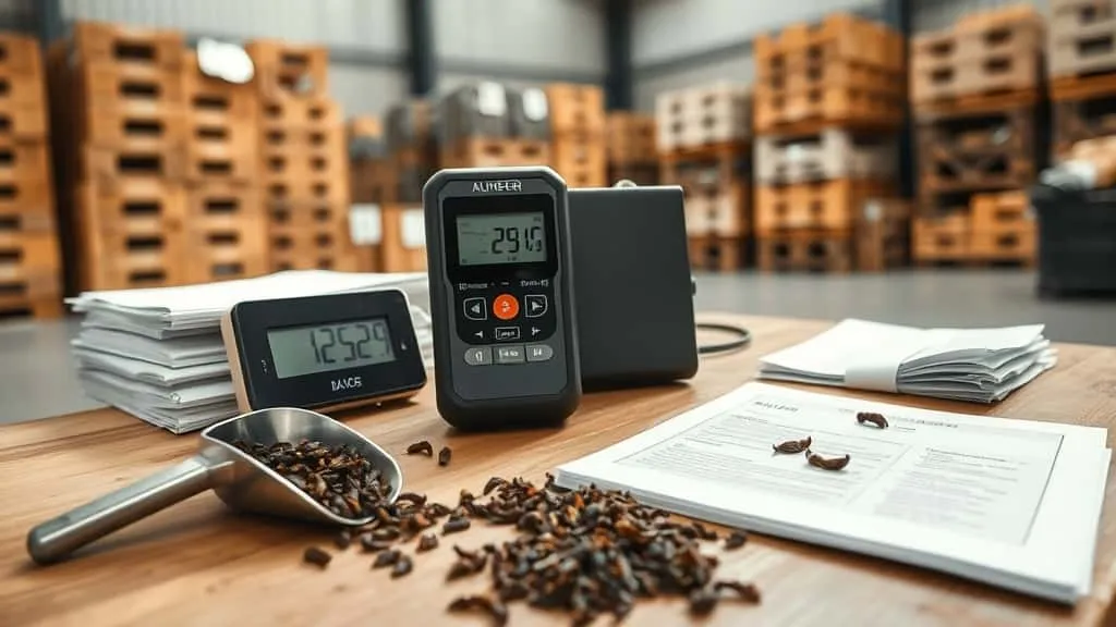 Pertimbangan mengukur faktor lingkungan pada kadar air cengkeh saat petugas memasukkan sampel ke moisture meter dengan higrometer digital di latar belakang