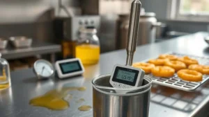 Stainless steel TPM probe measuring cooking oil quality with golden gorengan on a wire rack, highlighting the effect of oil quality on fried food texture.