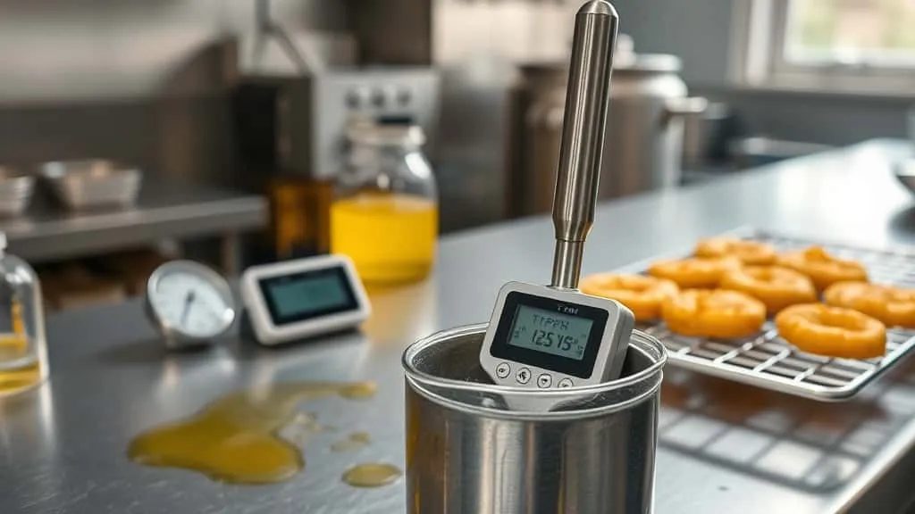 Stainless steel TPM probe measuring cooking oil quality with golden gorengan on a wire rack, highlighting the effect of oil quality on fried food texture.