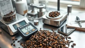 Digital moisture meter measuring moisture content in dried cloves on a stainless steel workbench, with analytical balance and calibration tools for export quality control.