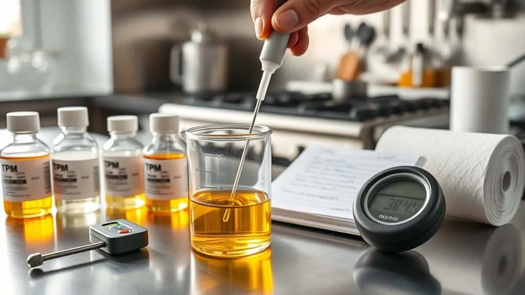 TPM test probe dipping into golden cooking oil in a glass beaker on a stainless steel kitchen counter, surrounded by calibration tools for checking oil quality.