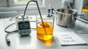Teknisi memeriksa kualitas minyak dengan meter TPM digital dan sensor suhu di laboratorium untuk hasil penggorengan konsisten.