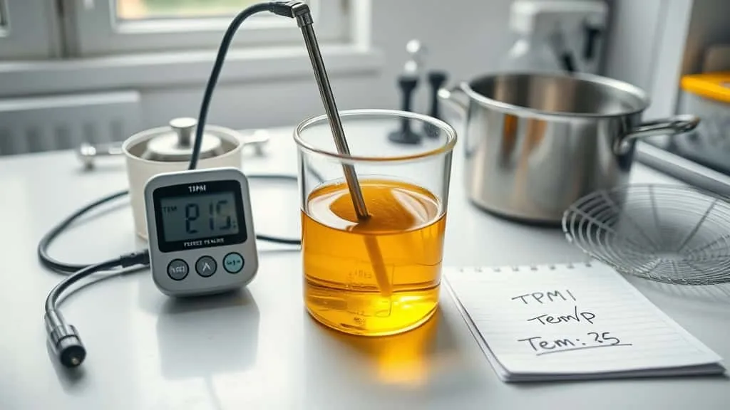 Teknisi memeriksa kualitas minyak dengan meter TPM digital dan sensor suhu di laboratorium untuk hasil penggorengan konsisten.