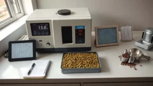 Petani memegang biji kopi hijau segar di dekat alat pengukur kadar air digital, standar pengelolaan kadar air kopi.