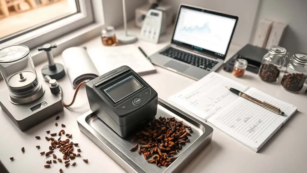 Petani cengkeh memeriksa kadar air cengkeh kering menggunakan moisture meter digital, kunci sukses ekspor.