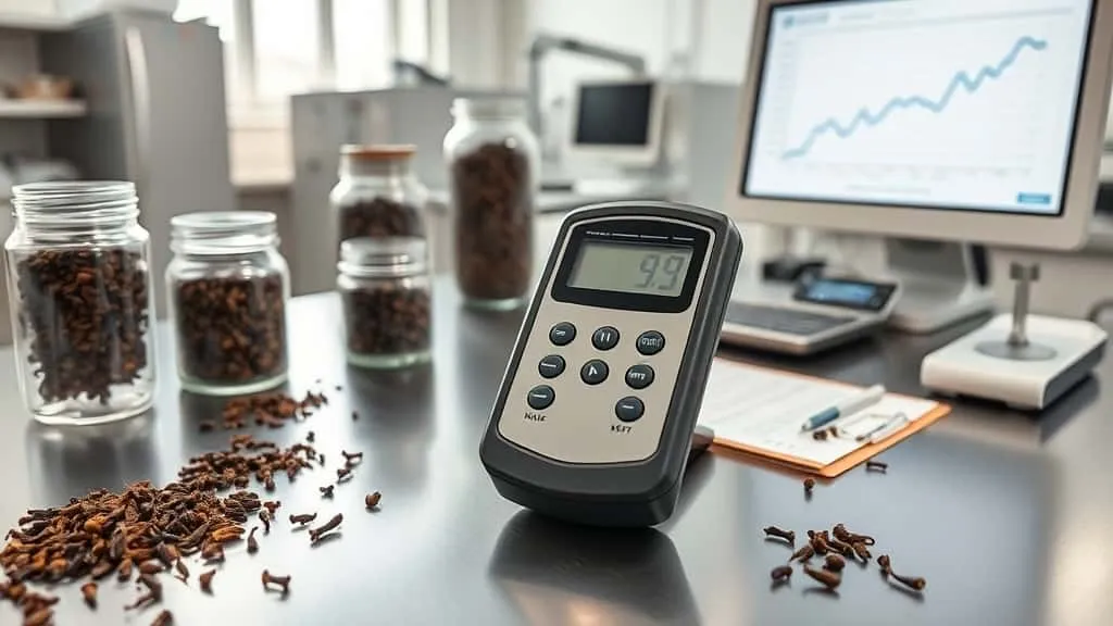 Petani memeriksa kadar air cengkeh dengan alat ukur digital untuk memastikan kualitas ekspor sesuai standar.