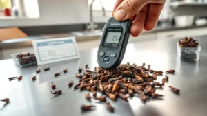 Alat ukur kadar air digital menekan tumpukan cengkeh utuh di meja laboratorium stainless steel untuk uji ekspor ISO dan HACCP.