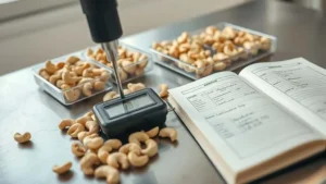 Sensor kelembaban digital mengukur kadar air kacang mete mentah di meja laboratorium, dengan buku catatan kalibrasi dan sampel mete tersortir di latar belakang untuk panduan persiapan ekspor.