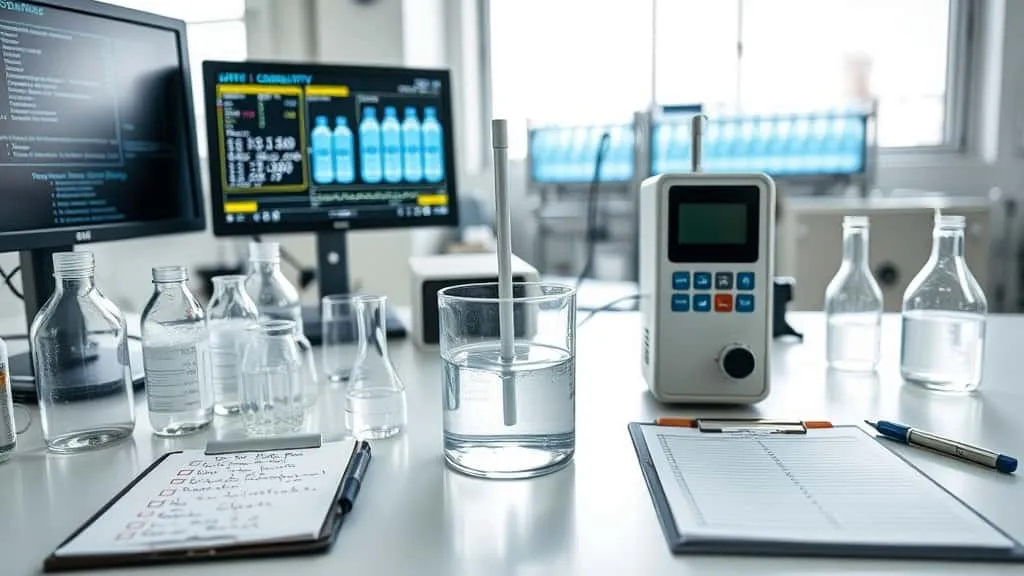 Sampel air diuji dengan konduktivitas meter untuk pemeriksaan EC di laboratorium pabrik AMDK.
