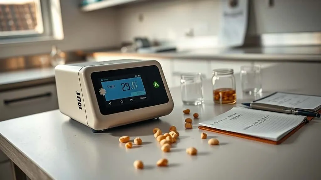 Digital moisture analyzer measuring cashew nuts on lab bench with display reading, beakers, and handwritten notes nearby.