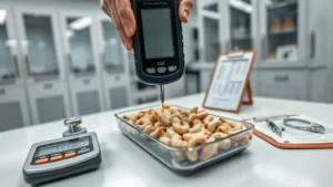 Teknisi menggunakan alat ukur kadar air digital high-precision pada kacang mete mentah di atas nampan stainless steel di laboratorium uji ekspor profesional.