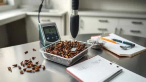 Digital moisture meter testing whole dried clove buds on a stainless steel lab counter, with sample tray, spatula, clipboard notes, and sealed plastic bag for plantation quality control.
