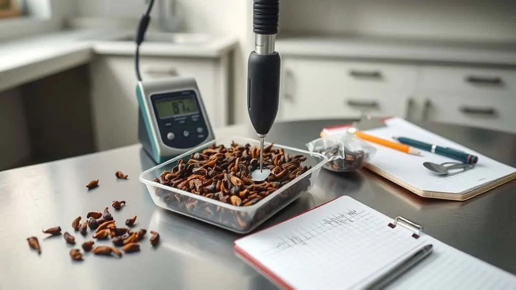 Digital moisture meter testing whole dried clove buds on a stainless steel lab counter, with sample tray, spatula, clipboard notes, and sealed plastic bag for plantation quality control.