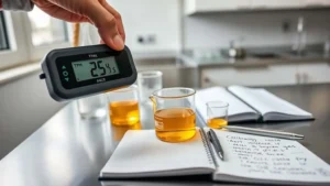 Digital TPM tester displaying 25% reading over used industrial cooking oil in quality control laboratory with glass beakers on stainless steel countertop.