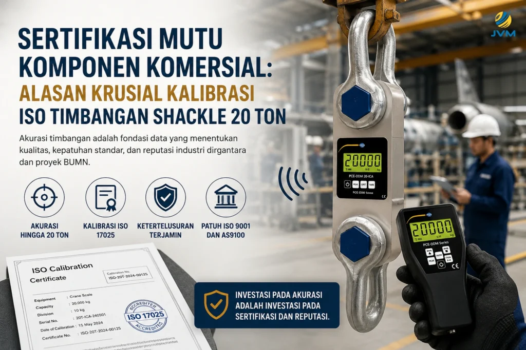 Timbangan shackle 20 ton dengan sertifikasi kalibrasi ISO untuk menjamin akurasi pengukuran dan mendukung sertifikasi mutu komponen komersial di industri manufaktur, dirgantara, dan proyek BUMN.