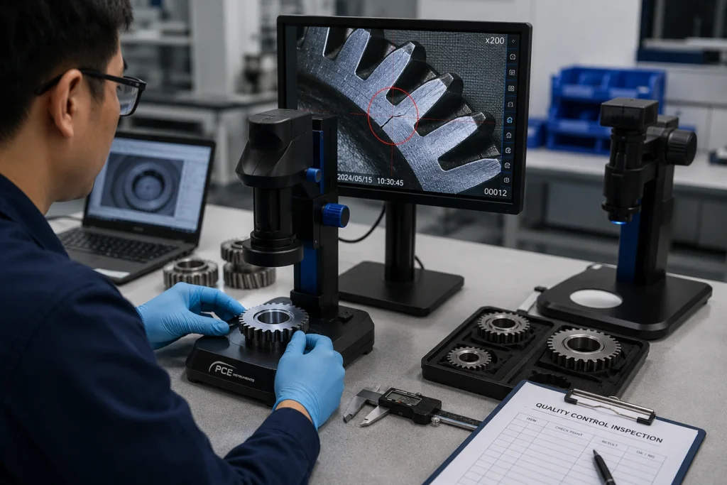 Petugas quality control menggunakan digital microscope untuk mendeteksi retakan mikro pada gear logam selama proses inspeksi kualitas di industri manufaktur.