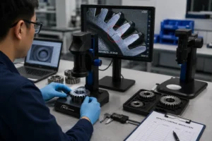 Petugas quality control menggunakan digital microscope untuk mendeteksi retakan mikro pada gear logam selama proses inspeksi kualitas di industri manufaktur.