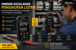 Teknisi listrik menggunakan digital multimeter PCE-DM 3 untuk mengukur tegangan pada panel kontrol industri saat melakukan inspeksi dan troubleshooting sistem kelistrikan.