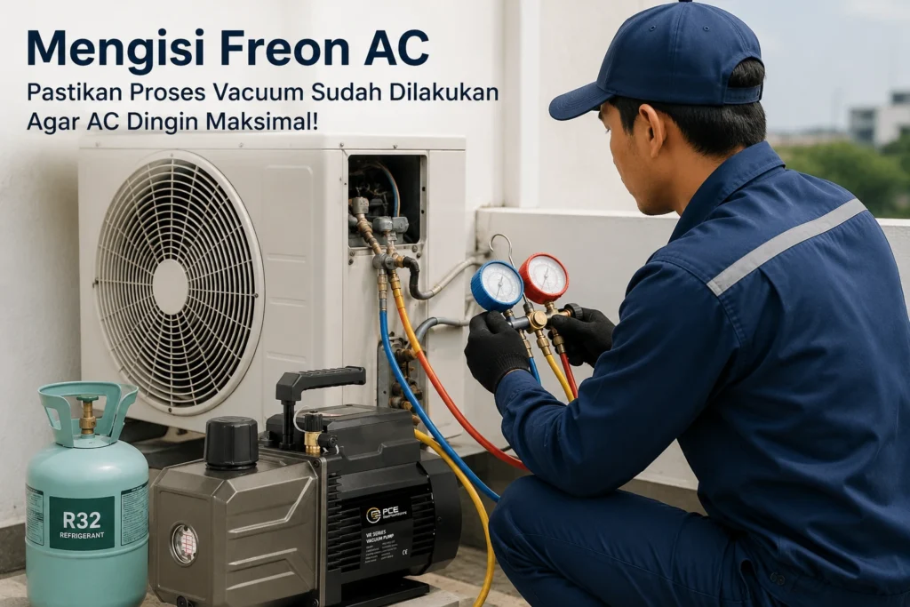Teknisi HVAC sedang mengisi freon AC menggunakan manifold gauge setelah melakukan proses vacuum dengan vacuum pump PCE-RVP 180 untuk memastikan sistem refrigerasi bebas udara dan kelembapan.