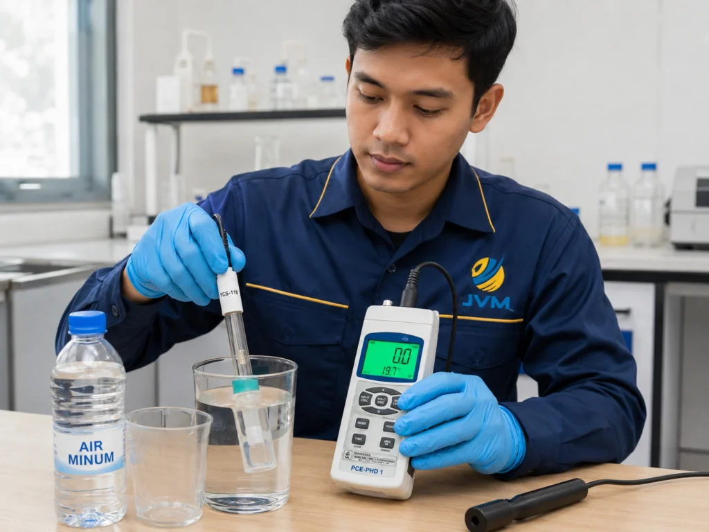 Teknisi Indonesia mengenakan seragam berlogo JVM sedang menguji kualitas air minum menggunakan pH meter portabel PCE-PHD 1 dengan probe yang dicelupkan ke dalam sampel air di laboratorium.