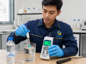 Teknisi Indonesia mengenakan seragam berlogo JVM sedang menguji kualitas air minum menggunakan pH meter portabel PCE-PHD 1 dengan probe yang dicelupkan ke dalam sampel air di laboratorium.