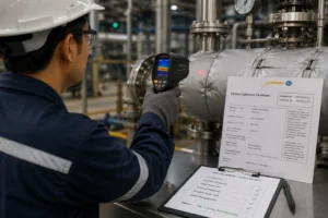 Teknisi Indonesia menggunakan kamera termal inframerah untuk inspeksi suhu permukaan pipa industri dengan sertifikat kalibrasi di lingkungan pabrik.
